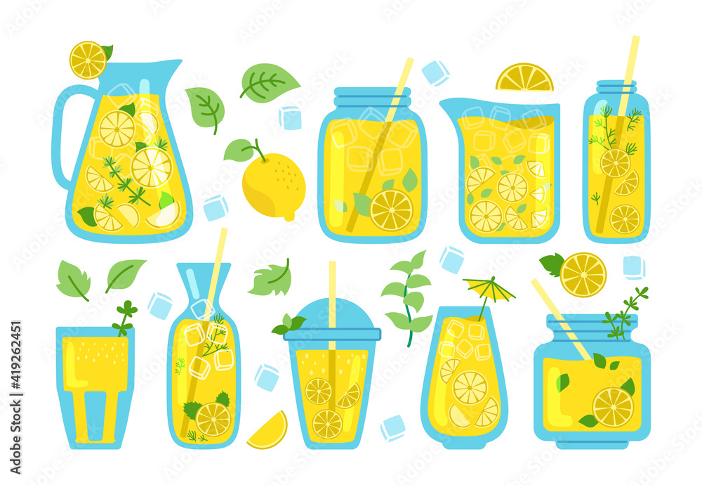 Lemonade in jar, mint cocktails cartoon set. Pitcher drinks with straw, lemon slice. Tropic summer hand drawn glassware jar for poster, lemonade menu. Flat design colored trendy vector illustration Lemonade in jar, mint cocktails cartoon set. Pitcher drinks with straw, lemon slice. Tropic summer hand drawn glassware jar for poster, lemonade menu. Flat design colored trendy vector illustration