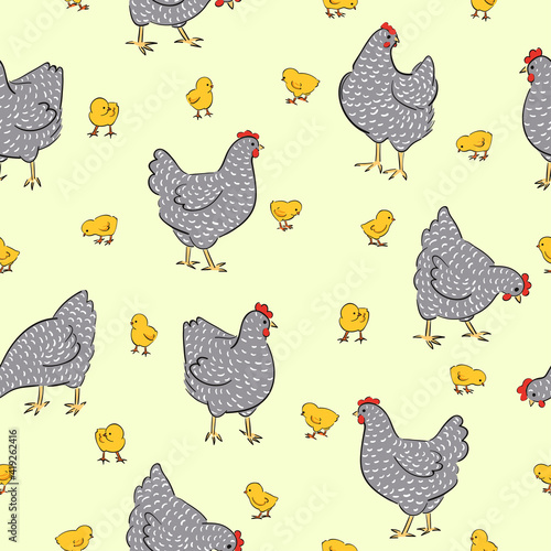 Seamless Easter pattern with hens and chicken. Vector chicks background