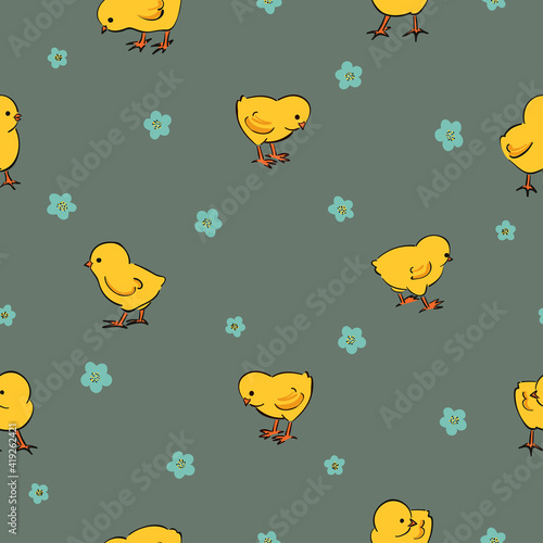 Seamless pattern with cute little chickens. Easter print with yellow chicks