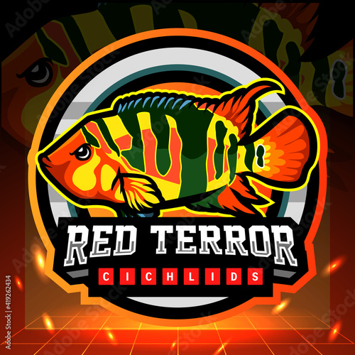 Red terror cichlids fish mascot, esport logo design