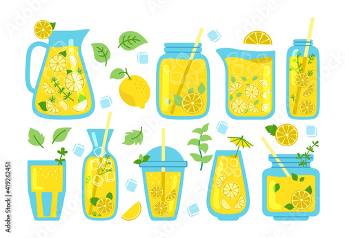 Lemonade in jar, mint cocktails cartoon set. Pitcher drinks with straw, lemon slice. Tropic summer hand drawn glassware jar for poster, lemonade menu. Flat design colored trendy vector illustration