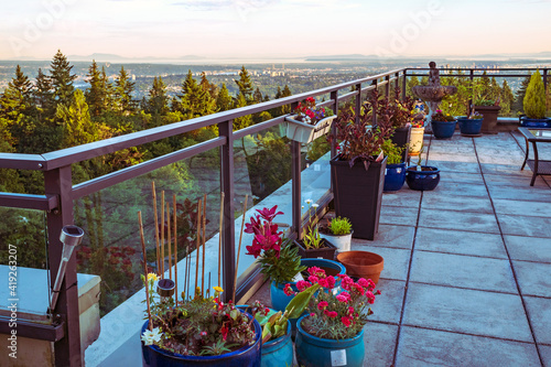 Penthouse patio garden overlooking Fraser Valley in BC