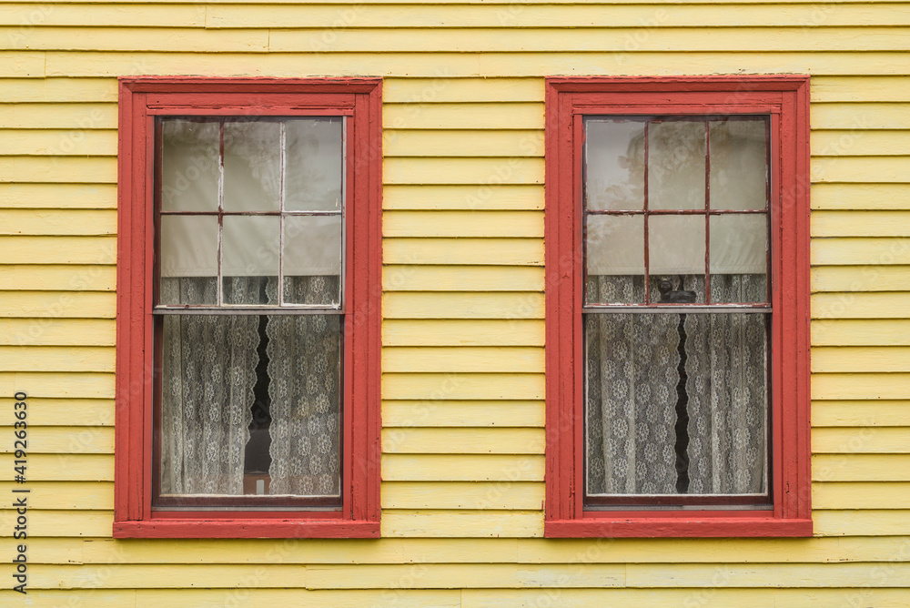 USA, Maine, Eastport. Yellow house detail.