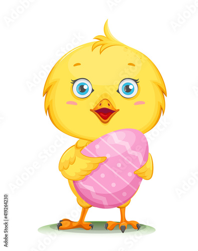 Cute little chick holding colored egg