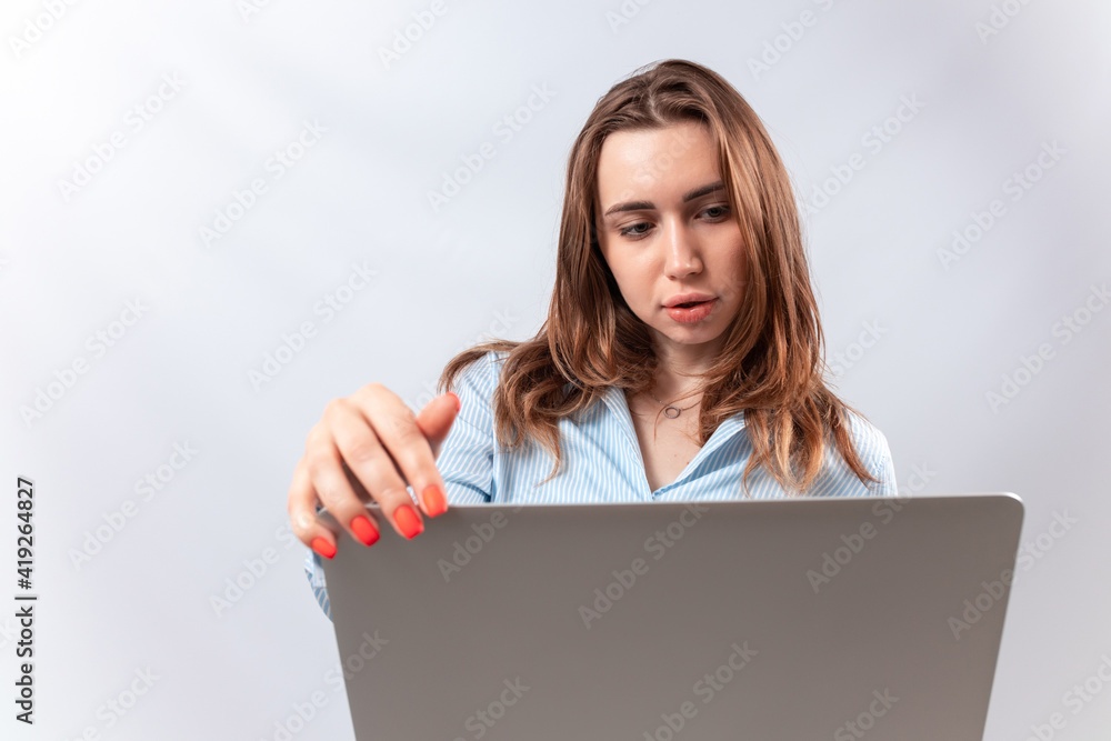 smiling businesswoman hold laptop in her hands. isolated smiling businesswoman hold laptop in her hands. isolated