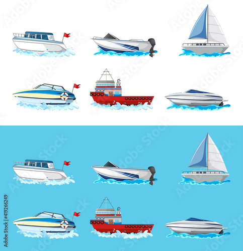 Set of different kind of boats and ship isolated on white background