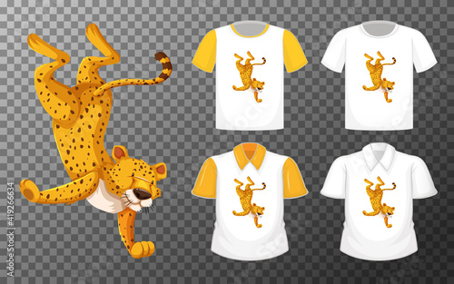Leopard in dancing position cartoon character with many types of shirts on transparent background