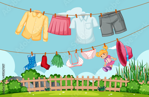 Clothes hanging on line in the yard