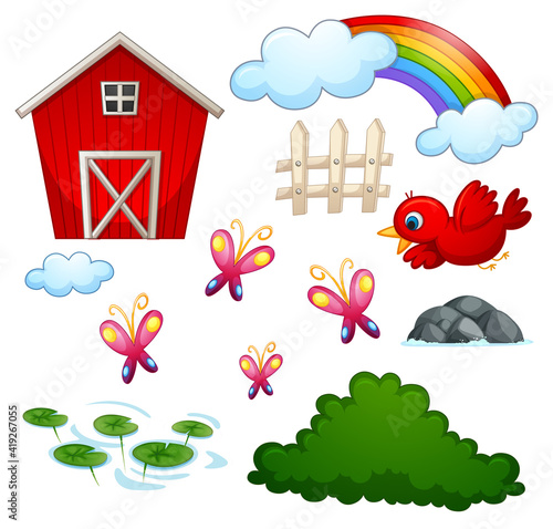 Set of farm objects and elements isolated on white background
