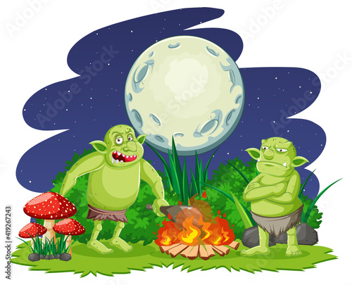 Night scene with goblin or troll cartoon character