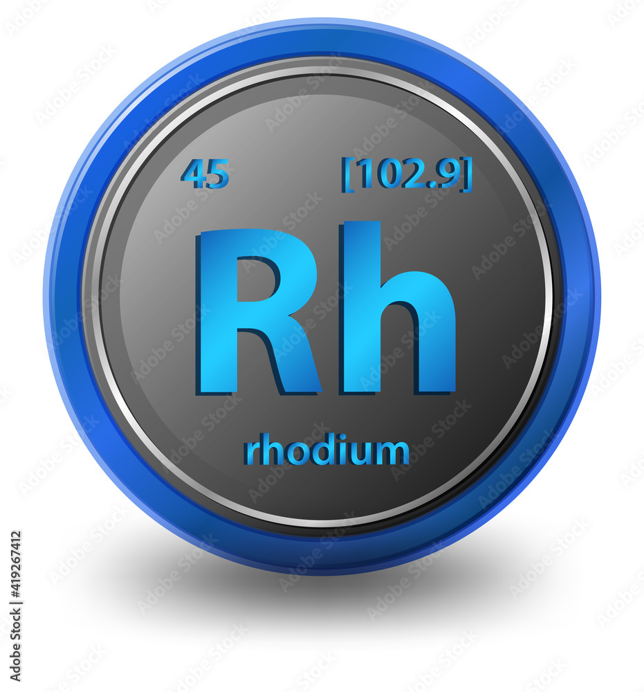 Rhodium chemical element. Chemical symbol with atomic number and atomic mass. Rhodium chemical element. Chemical symbol with atomic number and atomic mass.