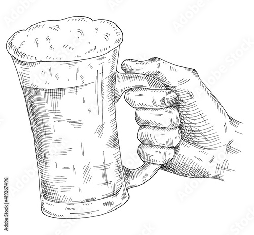 Male hand holding and clinking beer mug. Vintage color illustration