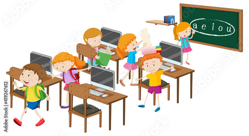 Students with computer classroom elements on white background