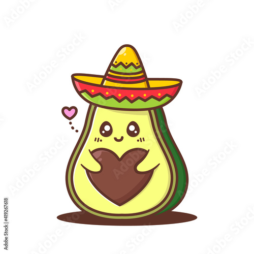 cute avocado waring sombrero with seed shaped heart