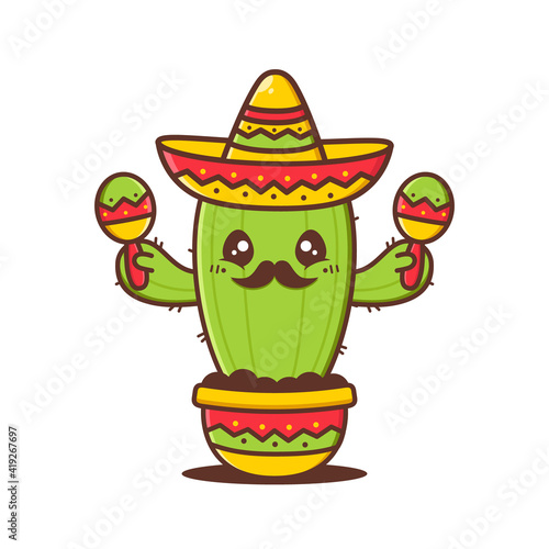cute cactus waring sombrero with maracas