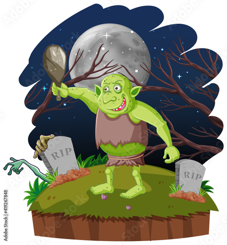 Night scene with goblin or troll cartoon character