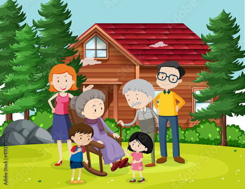 Member of family at home outdoor scene