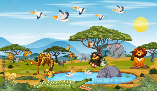 Many different animals in the forest scene