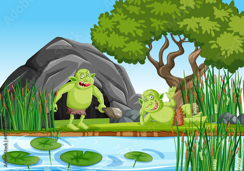 Outdoor scene with goblin or troll cartoon character