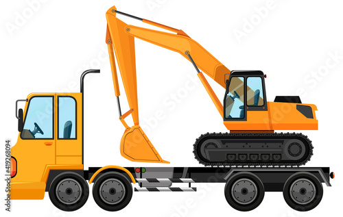 Tow truck carrying big crane tractor on isolated background