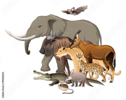 Group of wild African animals on white background