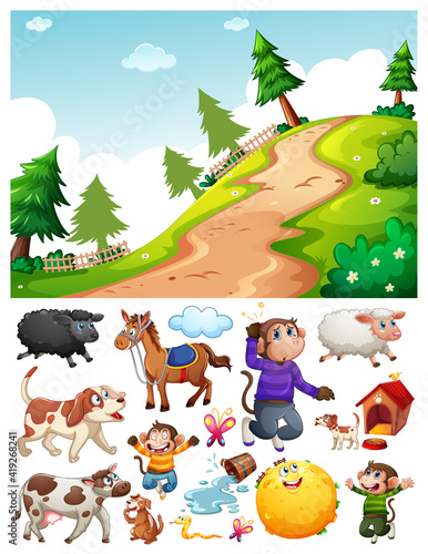 Nature park scene with isolated cartoon character and objects