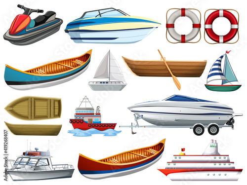 Set of different kind of boats and ship isolated on white background