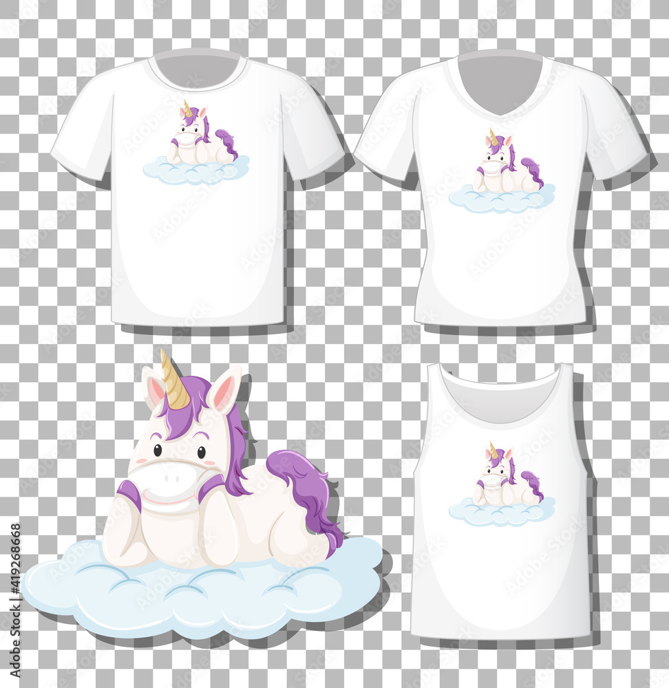 Cute unicorn lay on the cloud cartoon character with set of different shirts isolated on transparent background