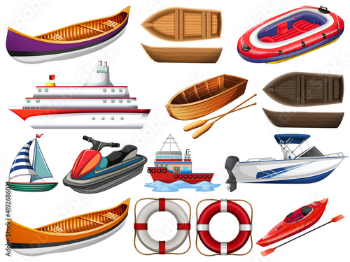 Set of different kind of boats and ship isolated on white background