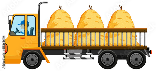 Tow truck carrying hay isolated background