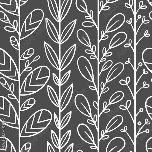 Seamless pattern with different plants on dark background. Vector print with herbs.
