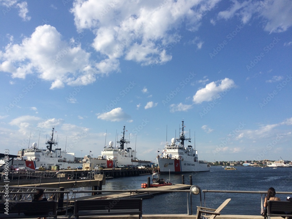 Navy U.S. Coast Guard Ships at USCG Boston Base, Battery Wharf. Boston, Massachusetts, United States