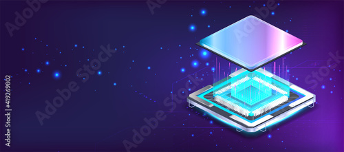 Futuristic CPU microchip banner in isometric position with lights and glow effects. Processor microchip, large data processing, database concept, Quantum computing, AI. Vector CPU illustration