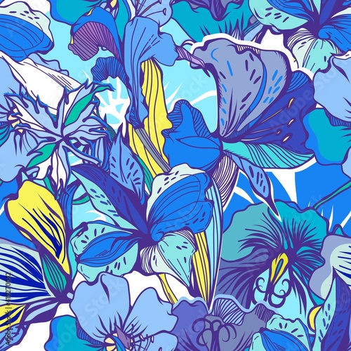 Fototapeta Naklejka Na Ścianę i Meble -  Bright Blue Abstract seamless vintage flower pattern. Graphic pattern can be used for textile, wallpaper, web and more.
