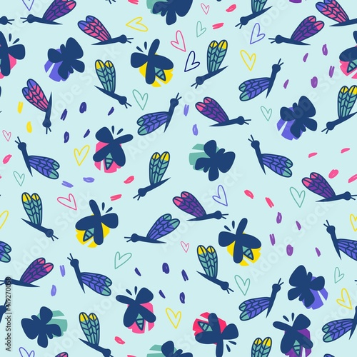 Vector cute seamless pattern of insects in a doodle style on a blue background.
