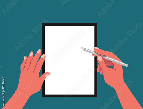 Top view of hands writing, drawing, painting on blank tablet with stylus pen for digital painting, graphic design or lecture flat vector illustration. Working on blank space tablet.