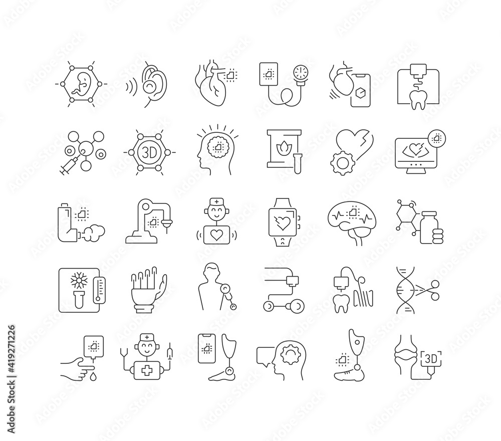 Set of linear icons of Med-Tech Innovation
