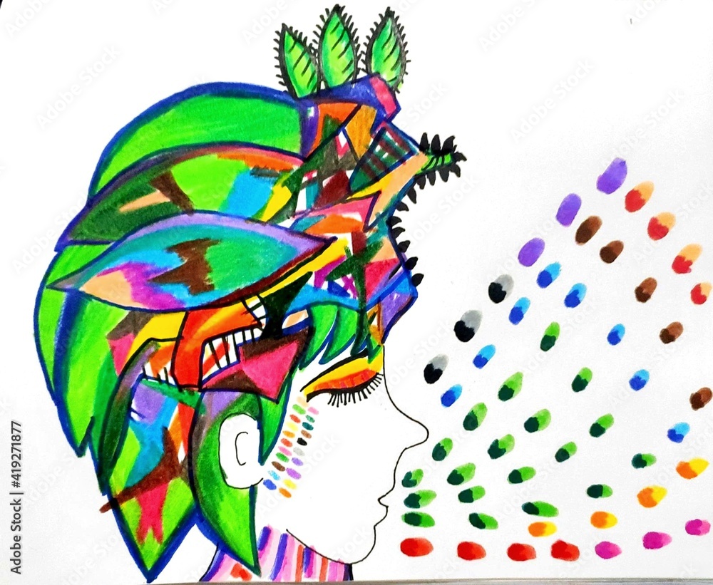 Fototapeta premium illustration of a background with a woman secreting colors from her mouth-mother nature concept