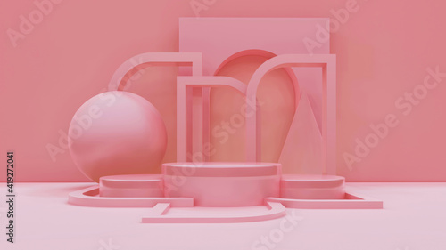 Minimal abstract exhibition background with geometric shapes and steps. 3D rendering