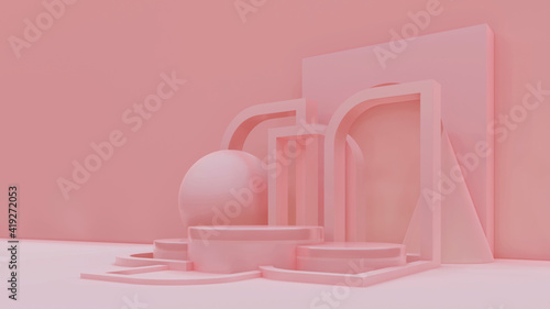 Minimal abstract exhibition background with geometric shapes and steps. 3D rendering