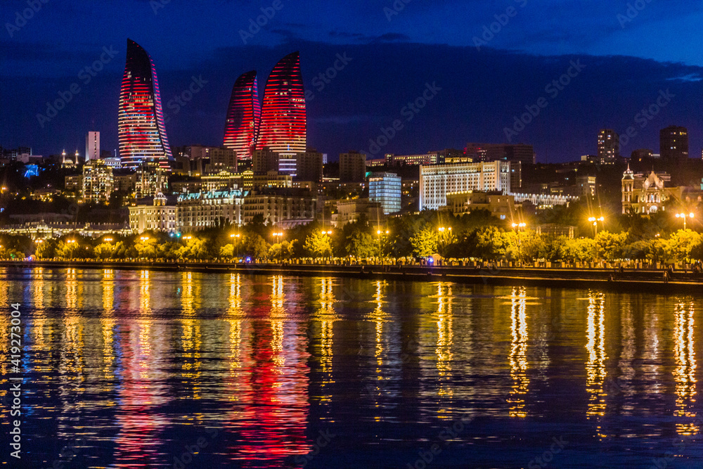 Fototapeta premium Night view of Baku skyline, Azerbaijan