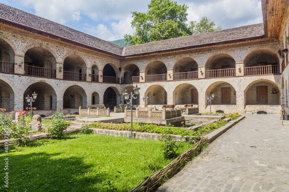 Karavansaray (Caravanserai) courtyard in Sheki, Azerbaijan