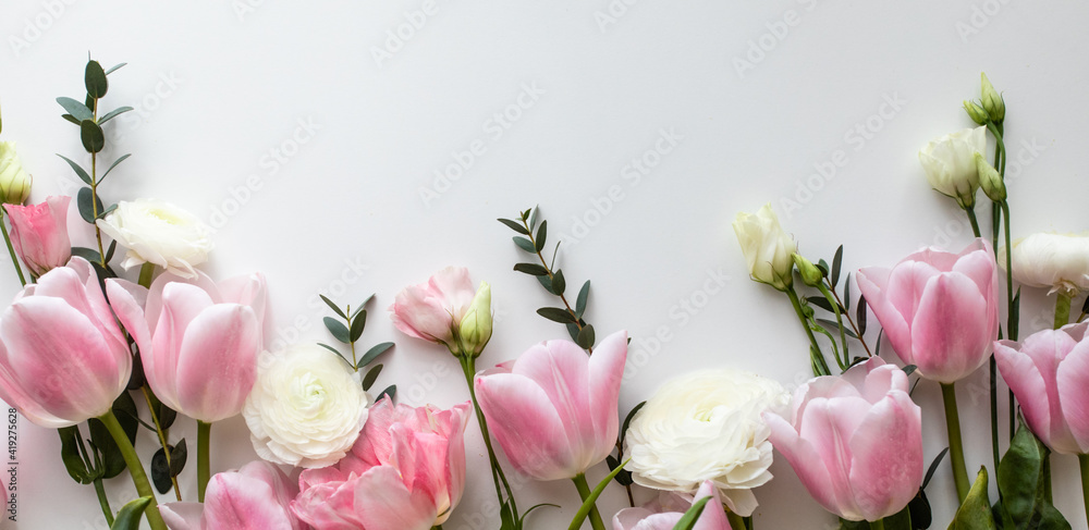 Pink and white flowers border design over the white Pink and white flowers border design over the white