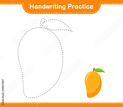 Handwriting practice. Tracing lines of Mango. Educational children game, printable worksheet, vector illustration