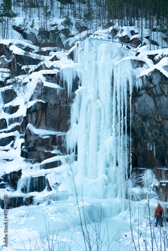 Canvas Print Artificial frozen waterfall for training rock climbers.