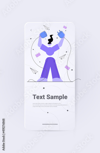 businesswoman connecting electrical plug with socket business connection new project startup concept vertical full length copy space vector illustration