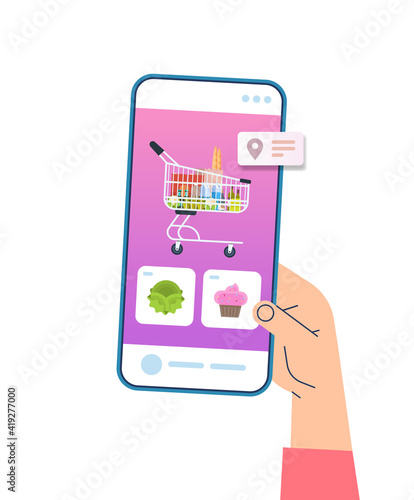 human hand using mobile app for ordering groceries fast delivery online shopping e-commerce food order concept isolated vector illustration