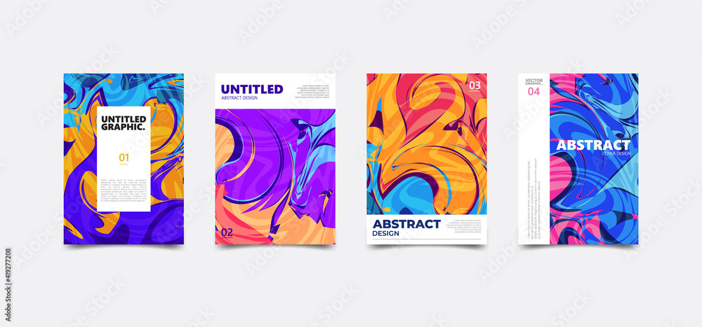 Colorful abstract fluid background. Dynamic liquid marble wave texture. Modern cover poster template set.