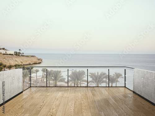 View from the balcony to the sea.Landscape. Sunny Day. Terrace with a beautiful view. Background with beautiful landscape. © nick_fedirko