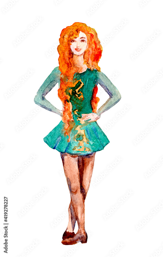 Ginger girl dancing Irish dance, watercolor drawing isolate on white background